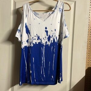Large blue and white cold shoulder light weight blouse